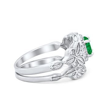 Art Deco Vintage Style Bridal Ring Simulated Green Emerald CZ 925 Sterling Silver